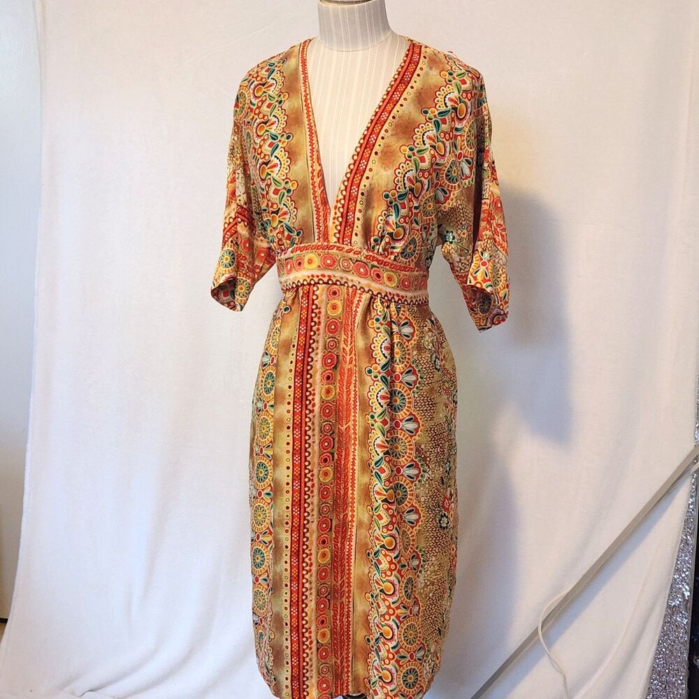 Vtg Single Dress Women's Med Silk Floral Print Dress Earth Tones Low Cut